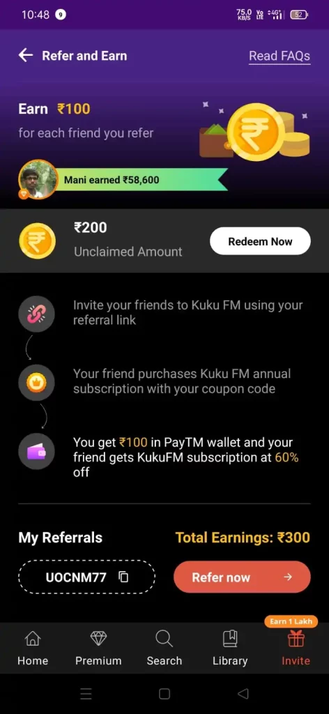 kuku fm referral code: "UOCNM77" Refer and earn Unlimited 4 kukufm referral payment proof